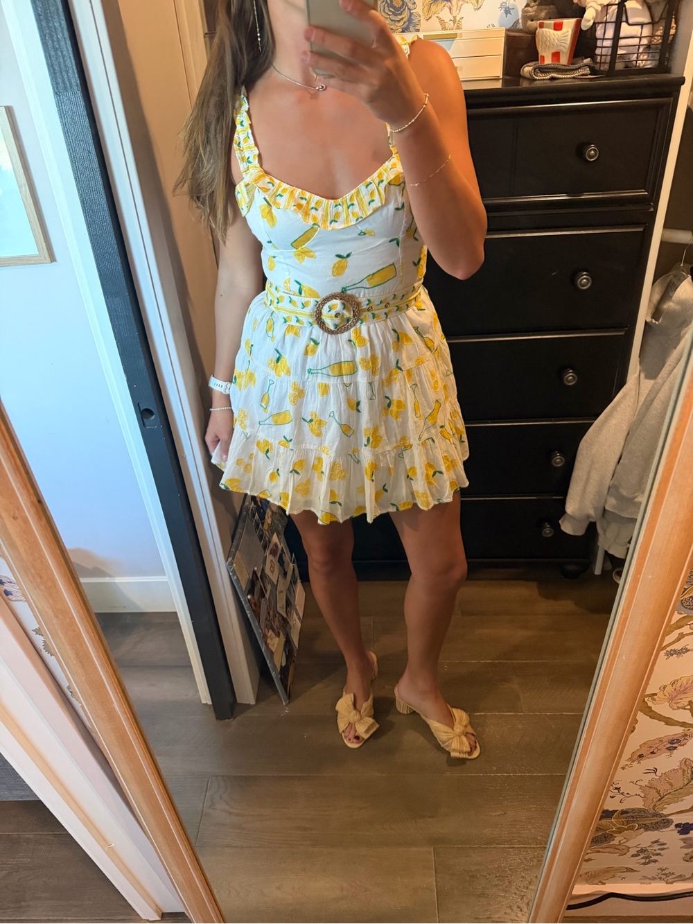 Show Me Your MuMu White Mini Dress with Yellow Lemon Print and Braided Belt
